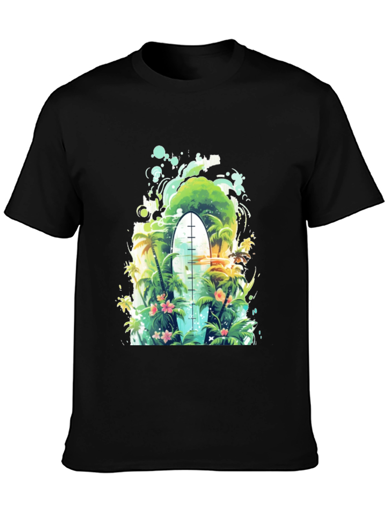 Surfs Up Tee: Tropical Island Surfboard Graphic T-Shirt
