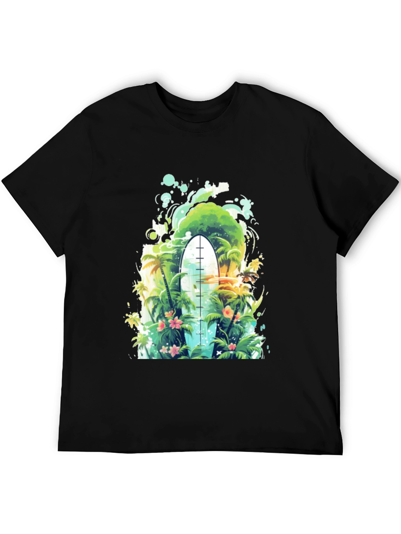 Surfs Up Tee: Tropical Island Surfboard Graphic T-Shirt
