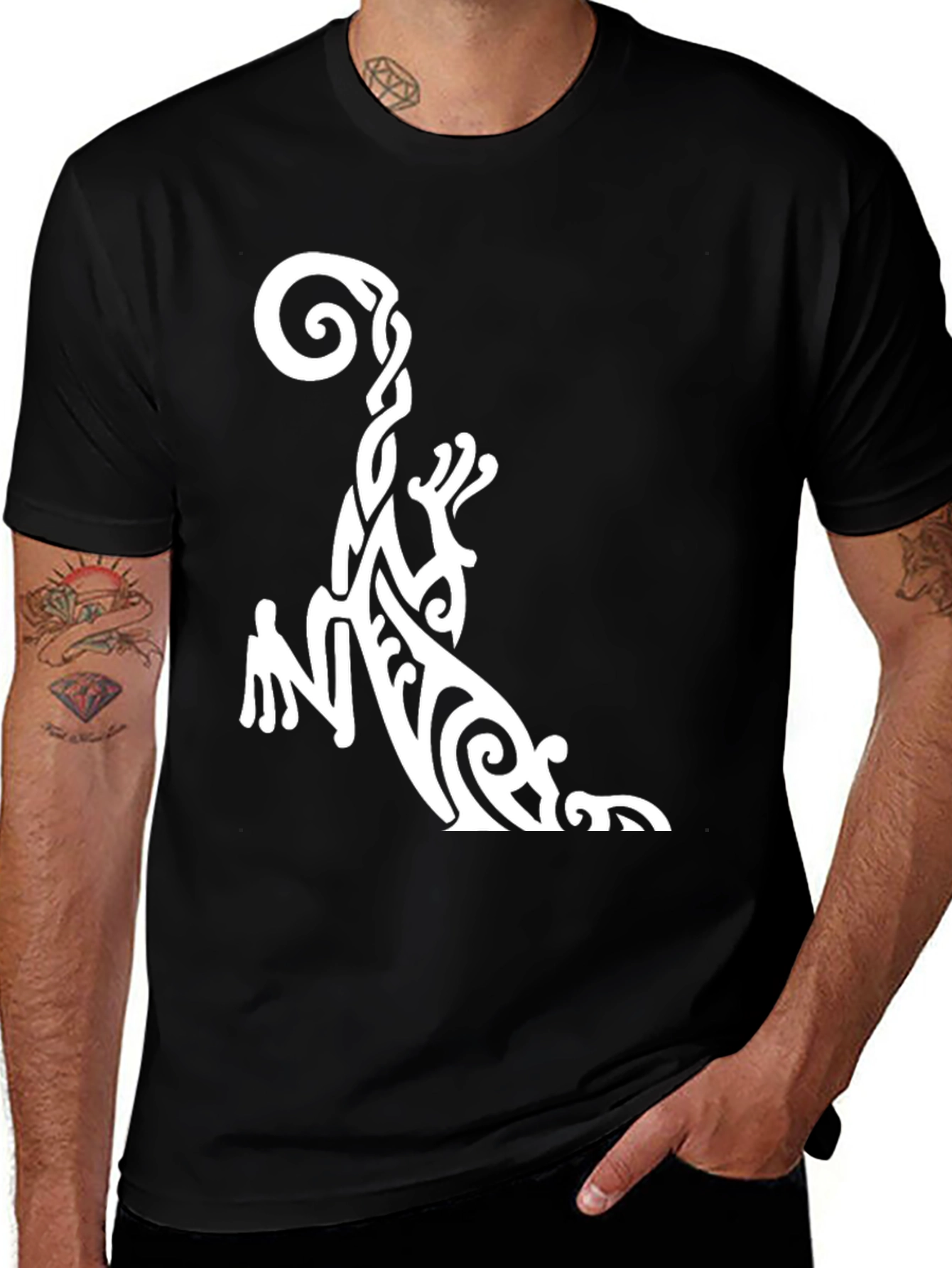 Tribal Gecko Graphic Tee - Black Cotton Casual T-Shirt