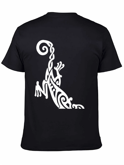 Tribal Gecko Graphic Tee - Black Cotton Casual T-Shirt