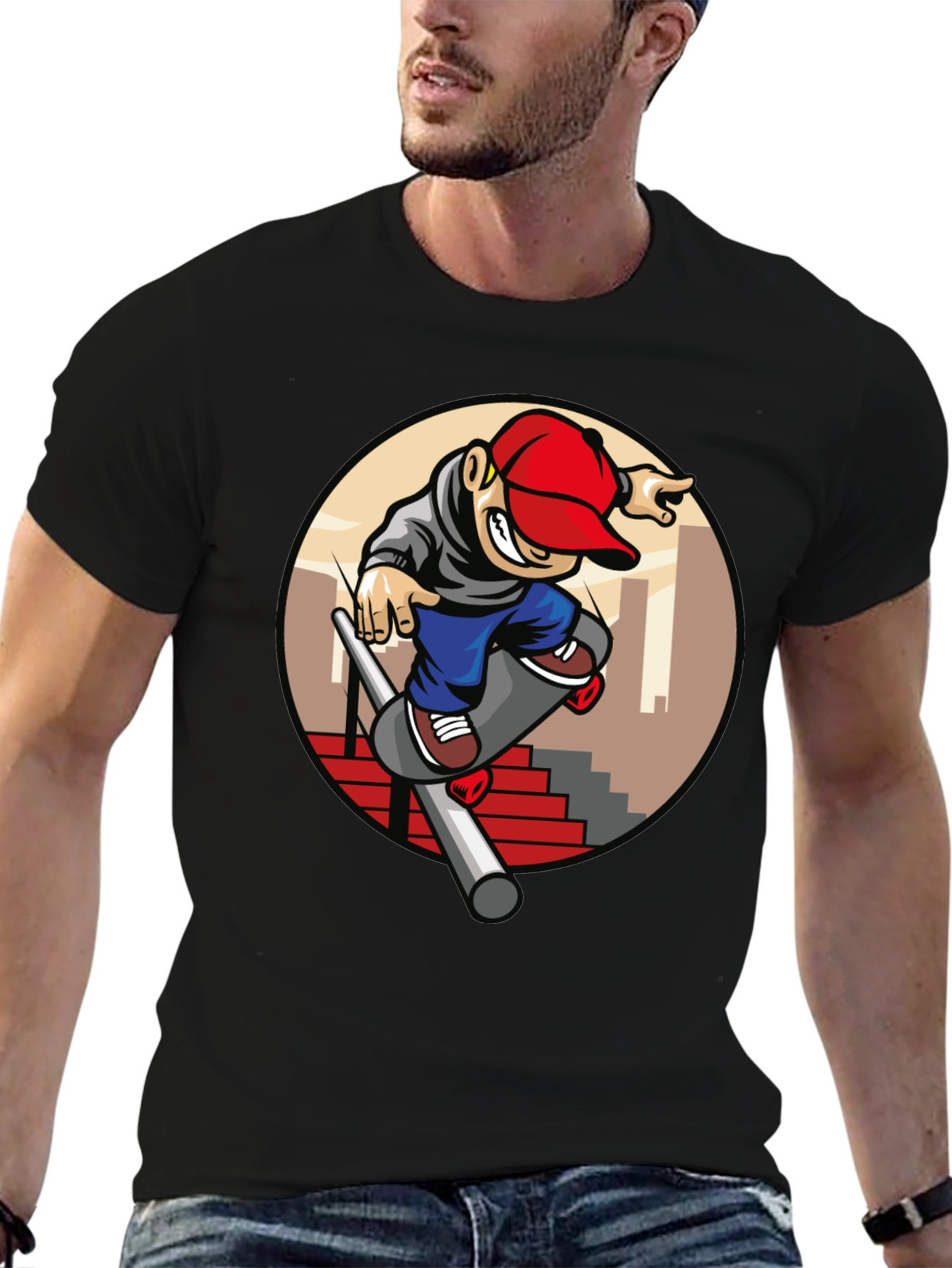 Skater Dude Graphic Tee - Black Cotton T-Shirt