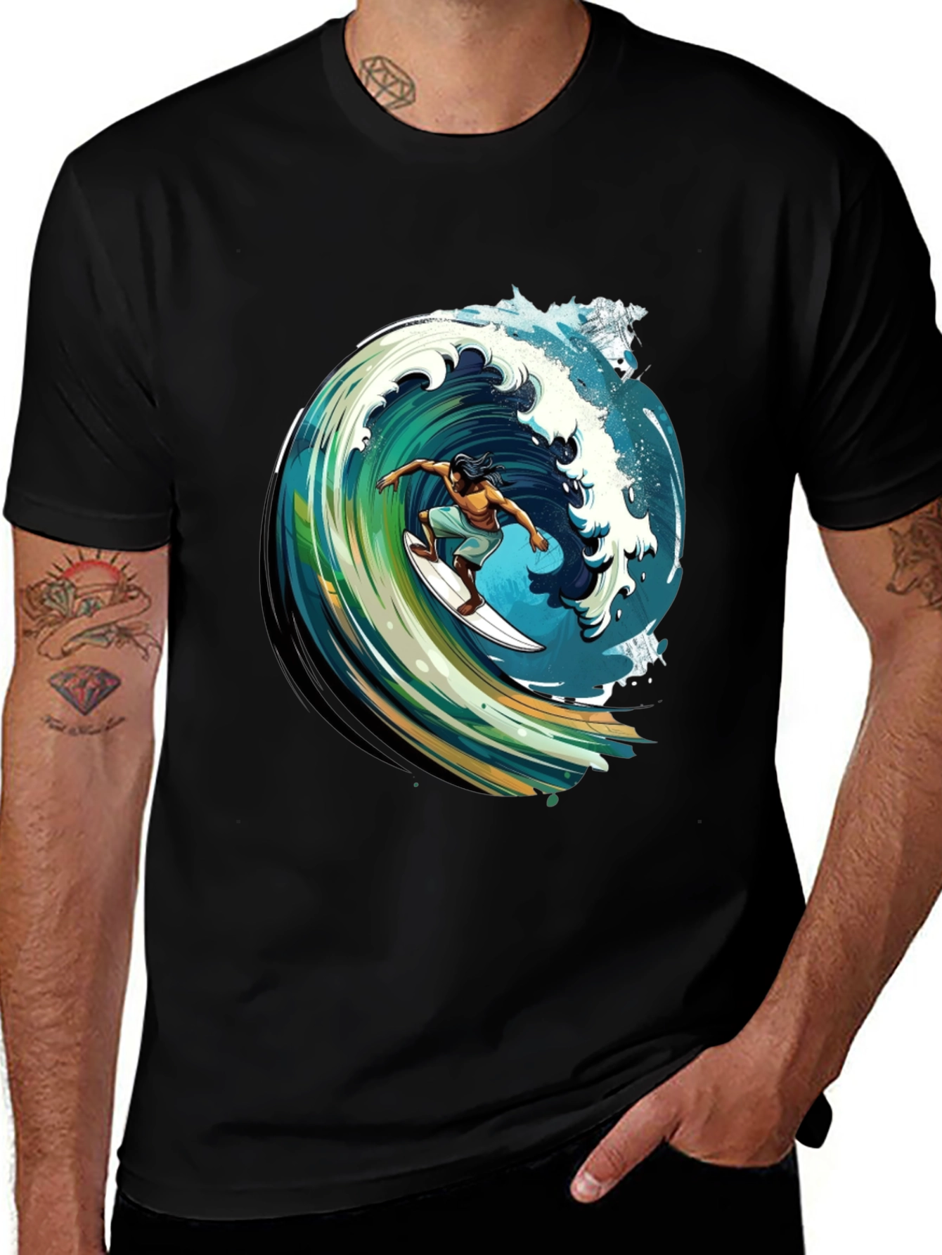 Surfer Wave Graphic Tee - Black Cotton Comfort