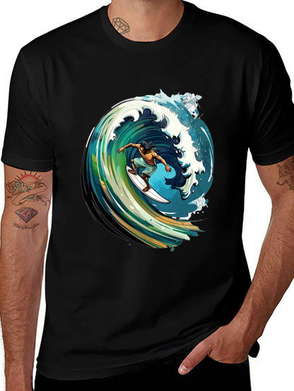 Surfer Wave Graphic Tee - Black Cotton Comfort