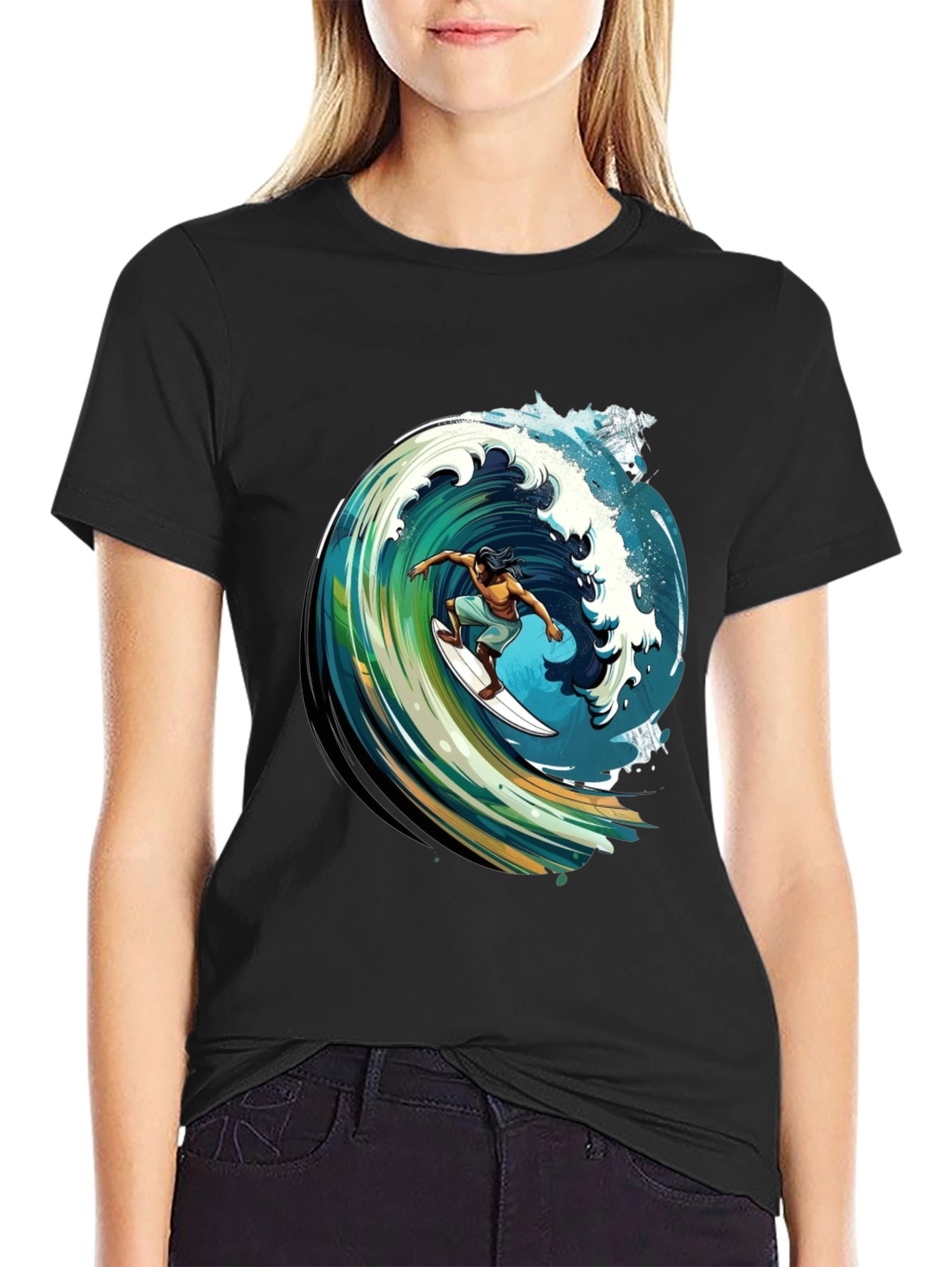 Surfer Wave Graphic Tee - Black Cotton Comfort