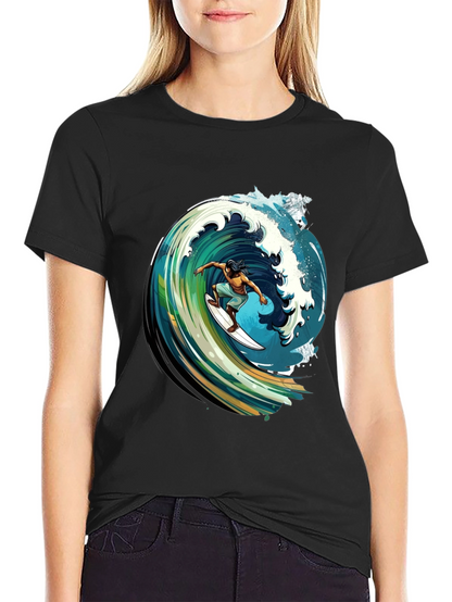 Surfer Wave Graphic Tee - Black Cotton Comfort