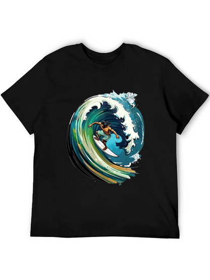 Surfer Wave Graphic Tee - Black Cotton Comfort
