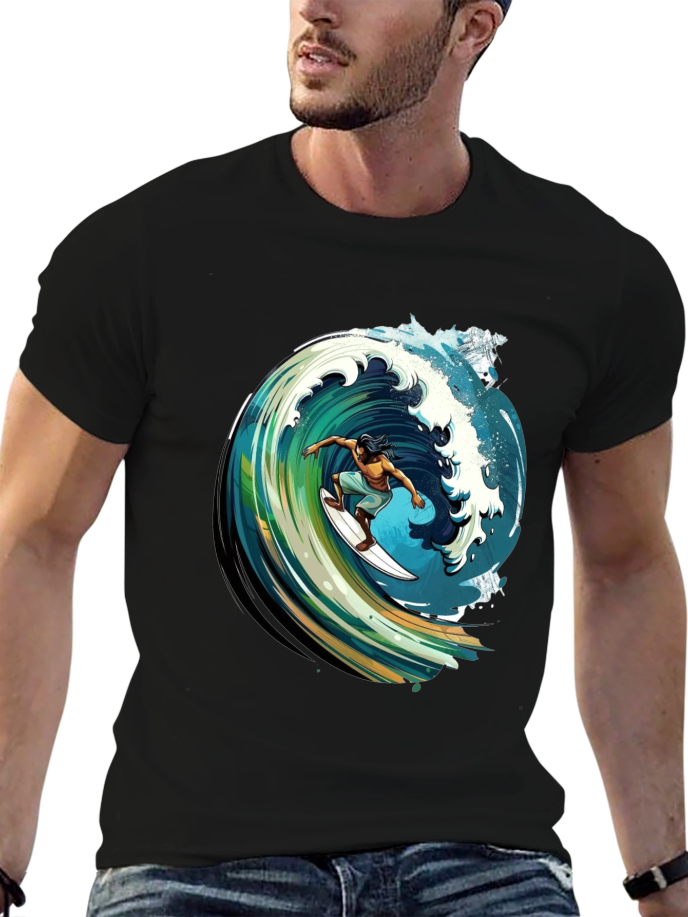 Surfer Wave Graphic Tee - Black Cotton Comfort