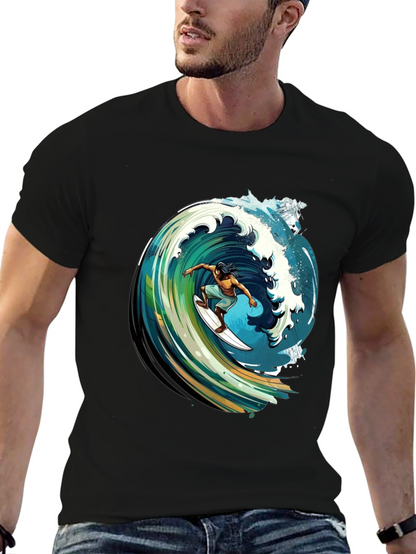 Surfer Wave Graphic Tee - Black Cotton Comfort