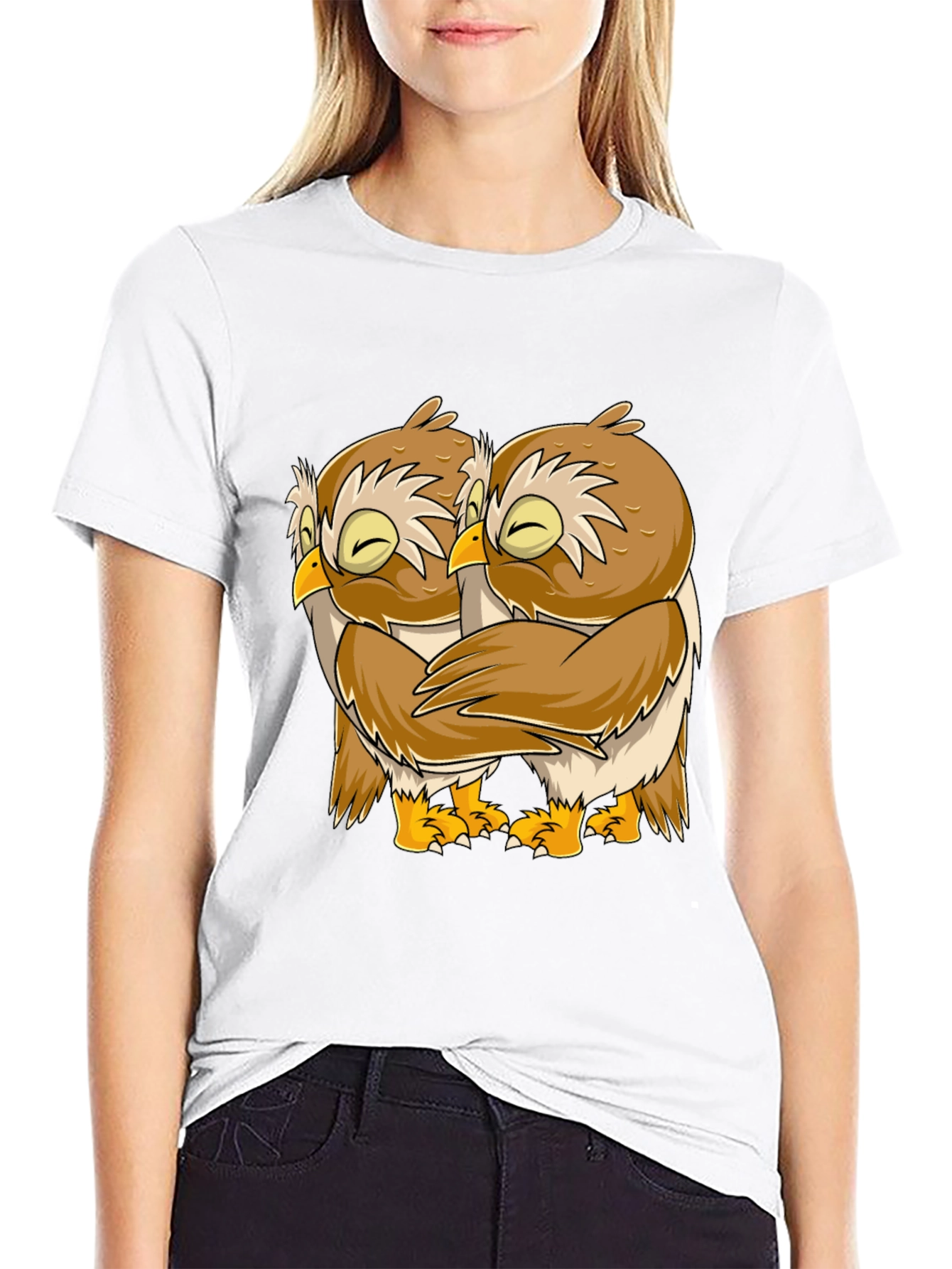 Owl Hug Graphic Tee - Black Cotton T-Shirt