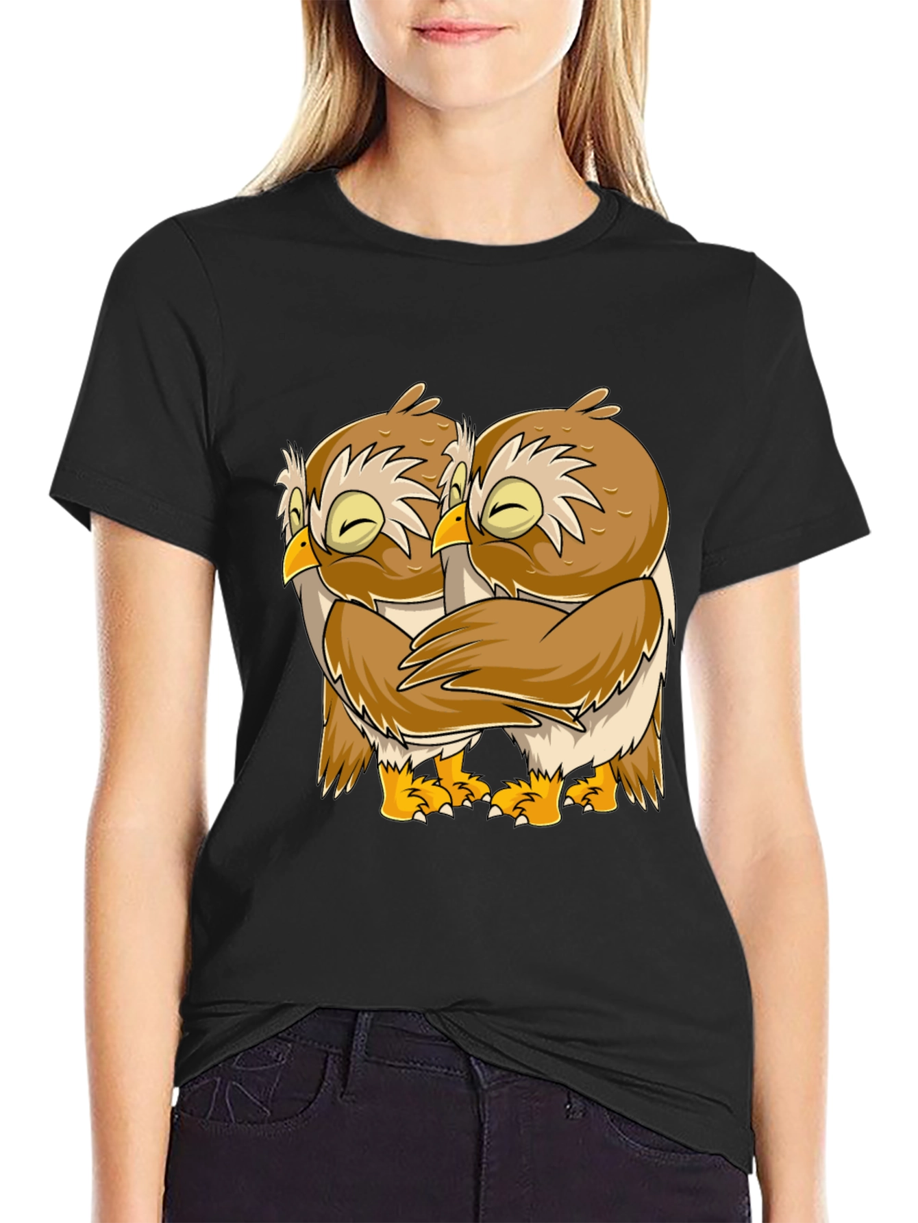 Owl Hug Graphic Tee - Black Cotton T-Shirt
