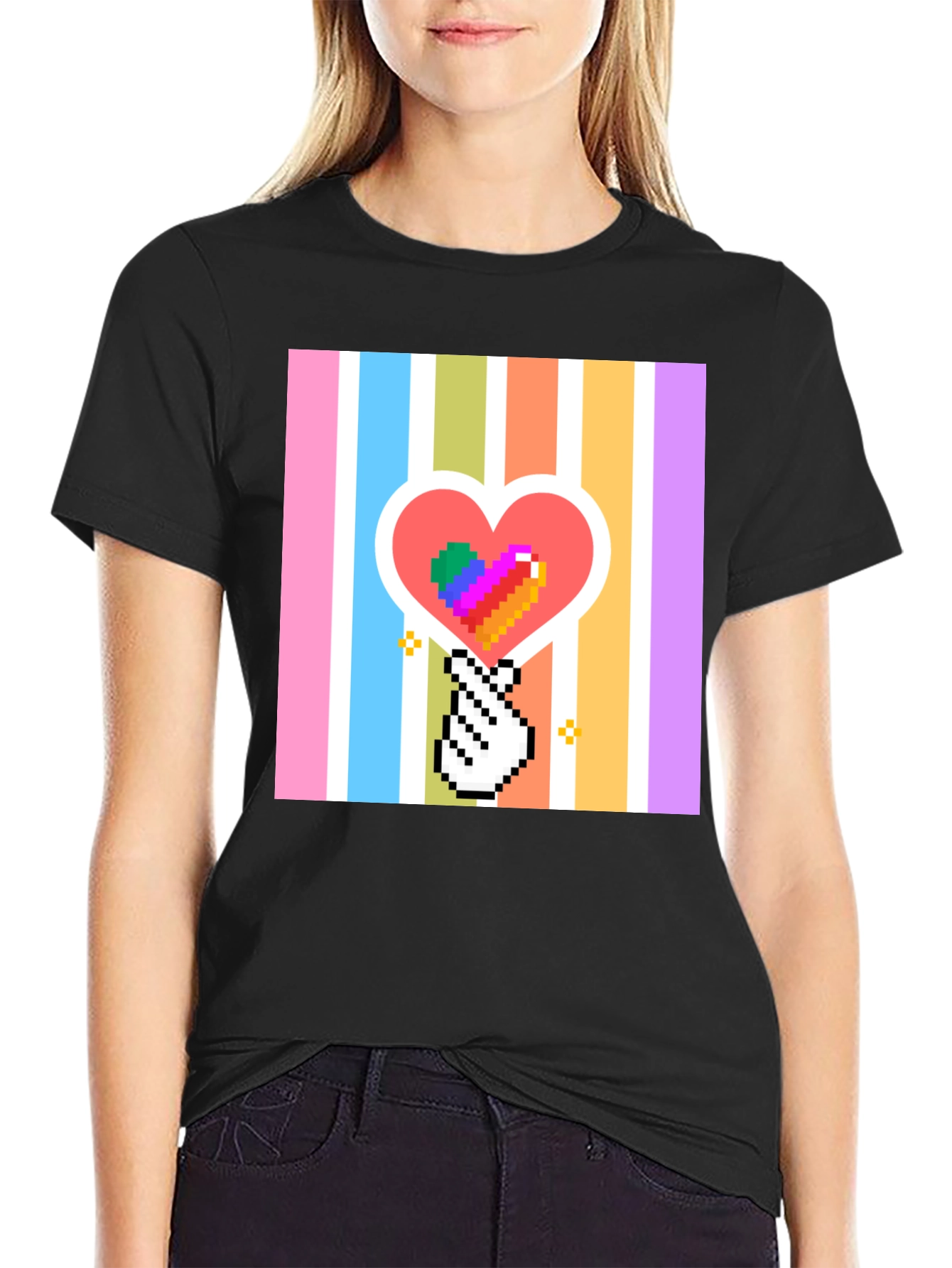 Pixel Heart & Hand T-Shirt - Black