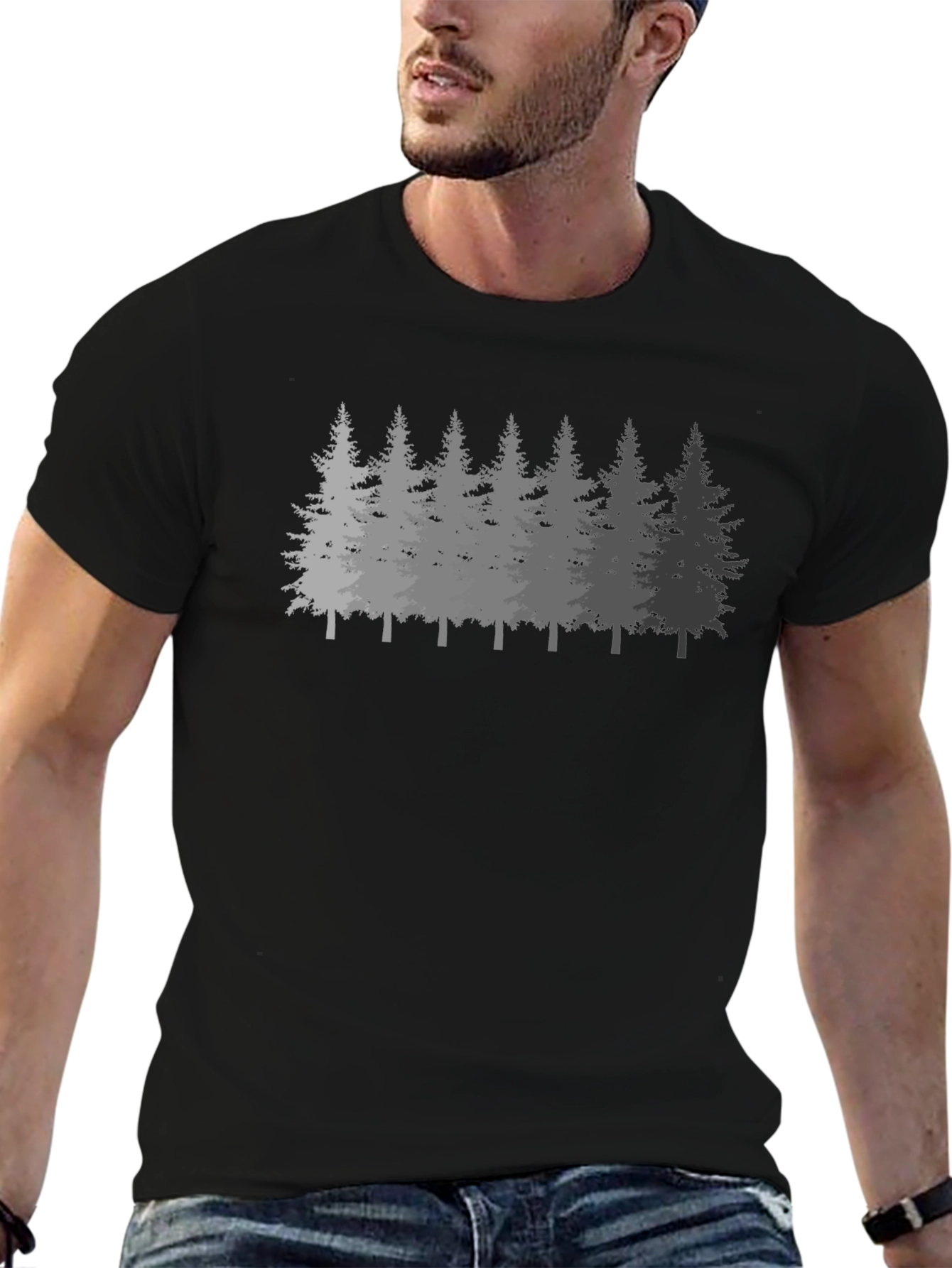 Mens Forest Print Black Crew Neck T-Shirt