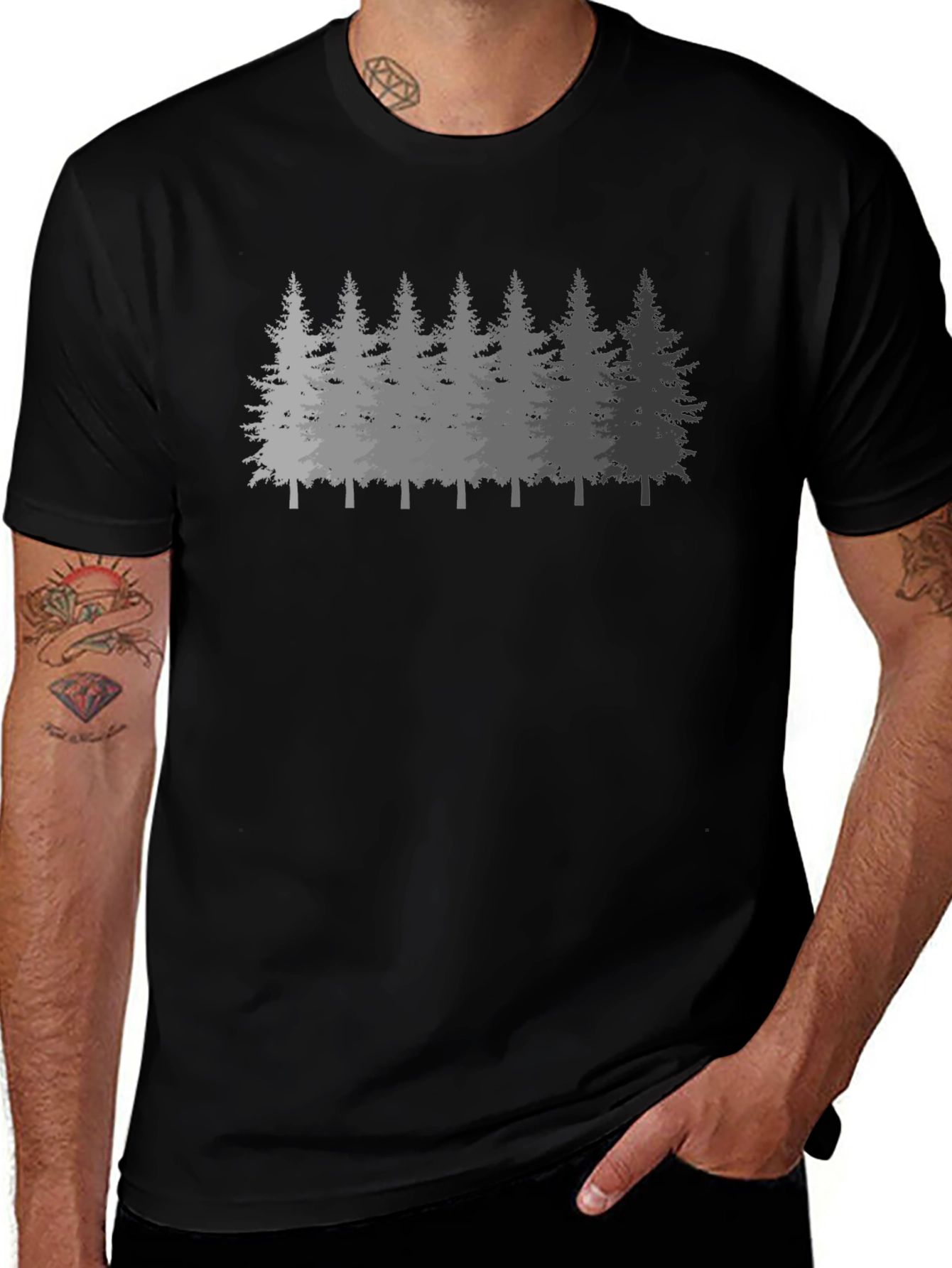Mens Forest Print Black Crew Neck T-Shirt