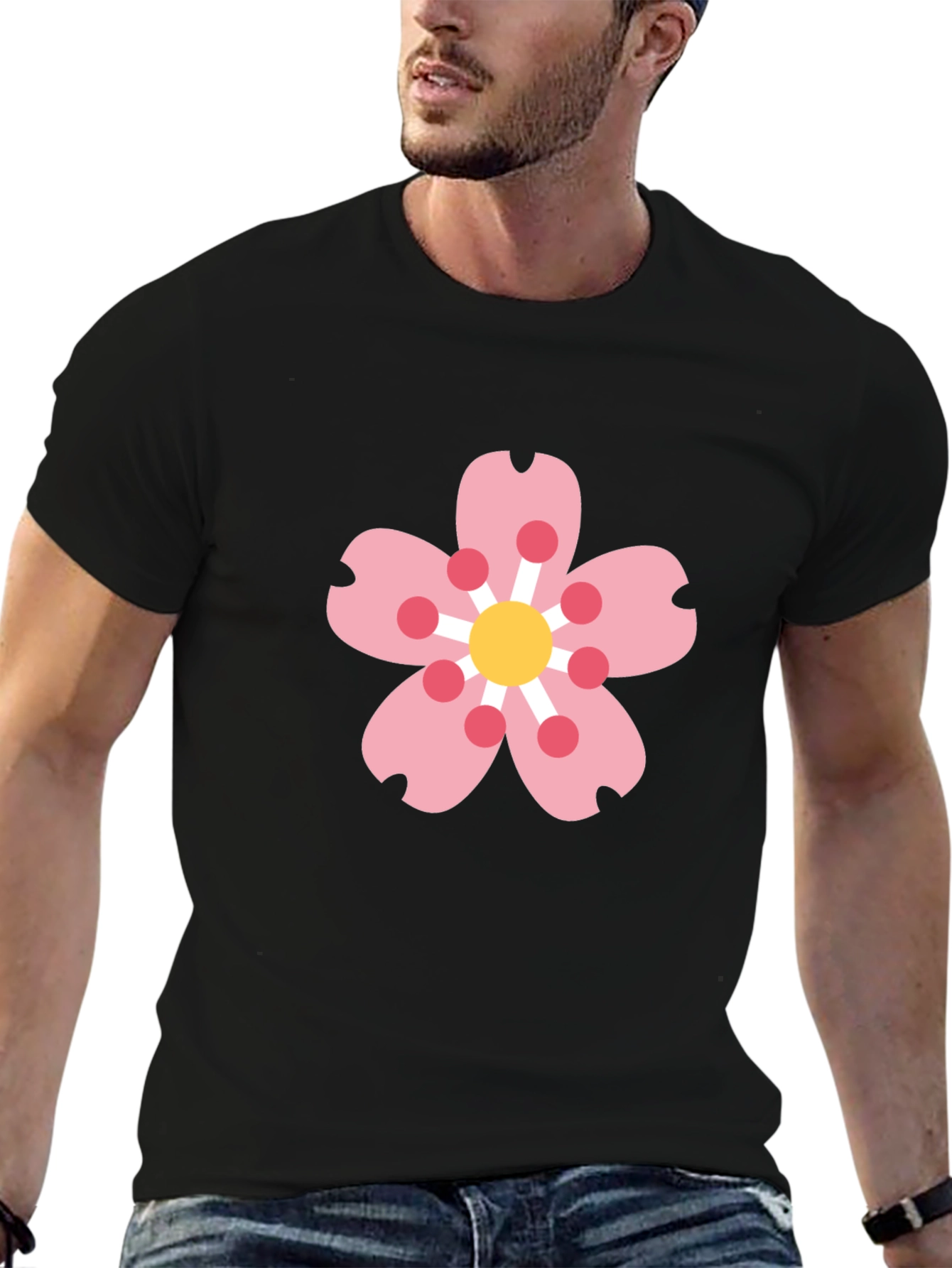 Black Tee with Sakura Blossom Graphic