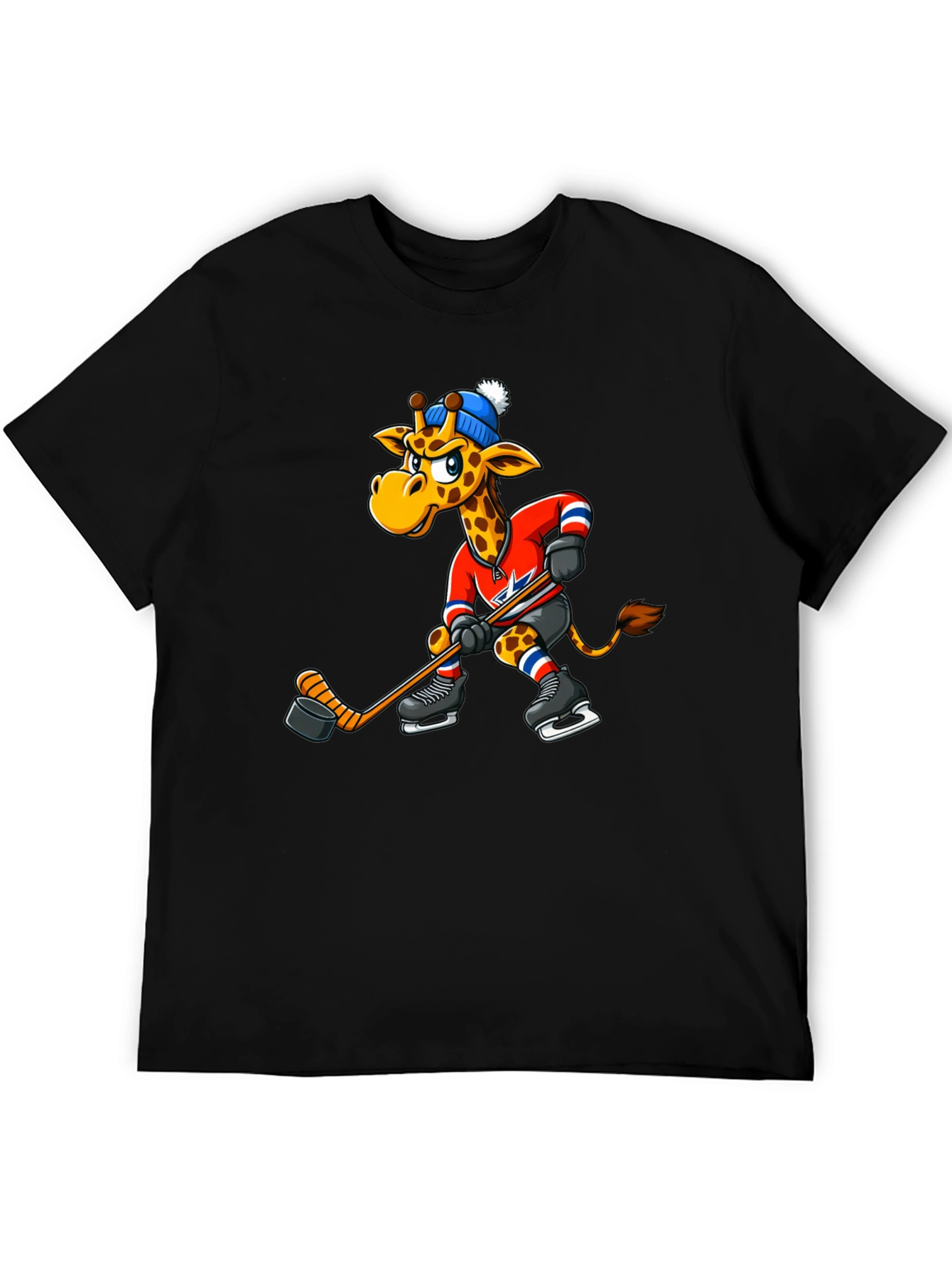 Hockey Giraffe Graphic Tee - Black Cotton T-Shirt