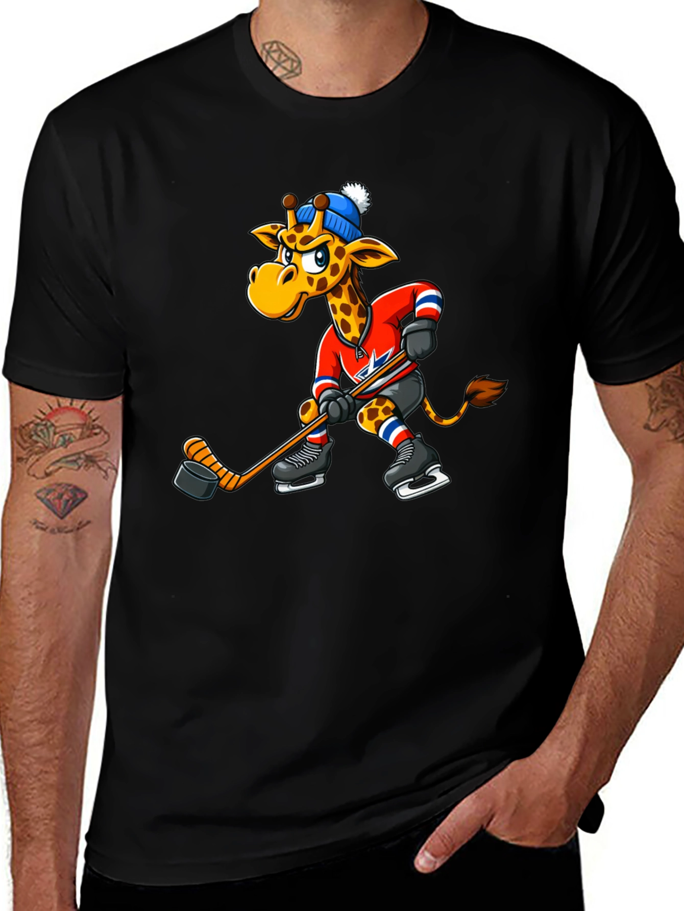 Hockey Giraffe Graphic Tee - Black Cotton T-Shirt