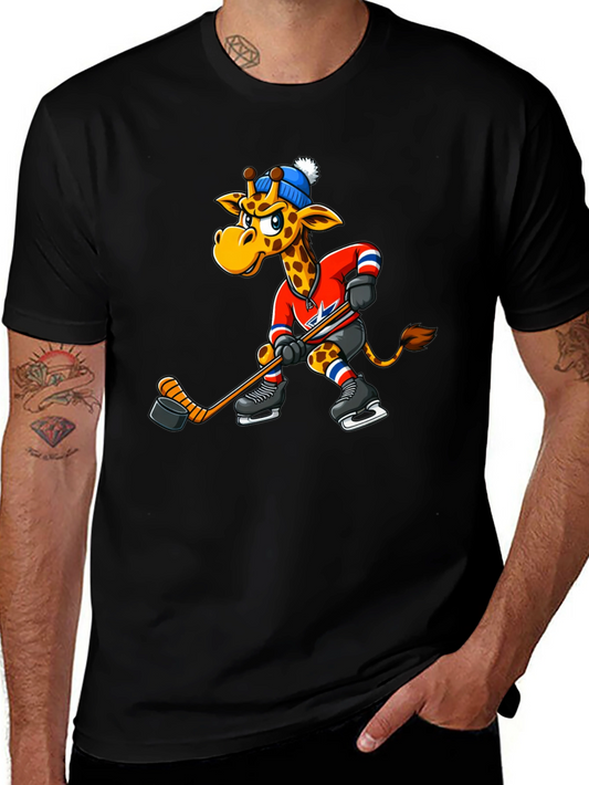 Hockey Giraffe Graphic Tee - Black Cotton T-Shirt