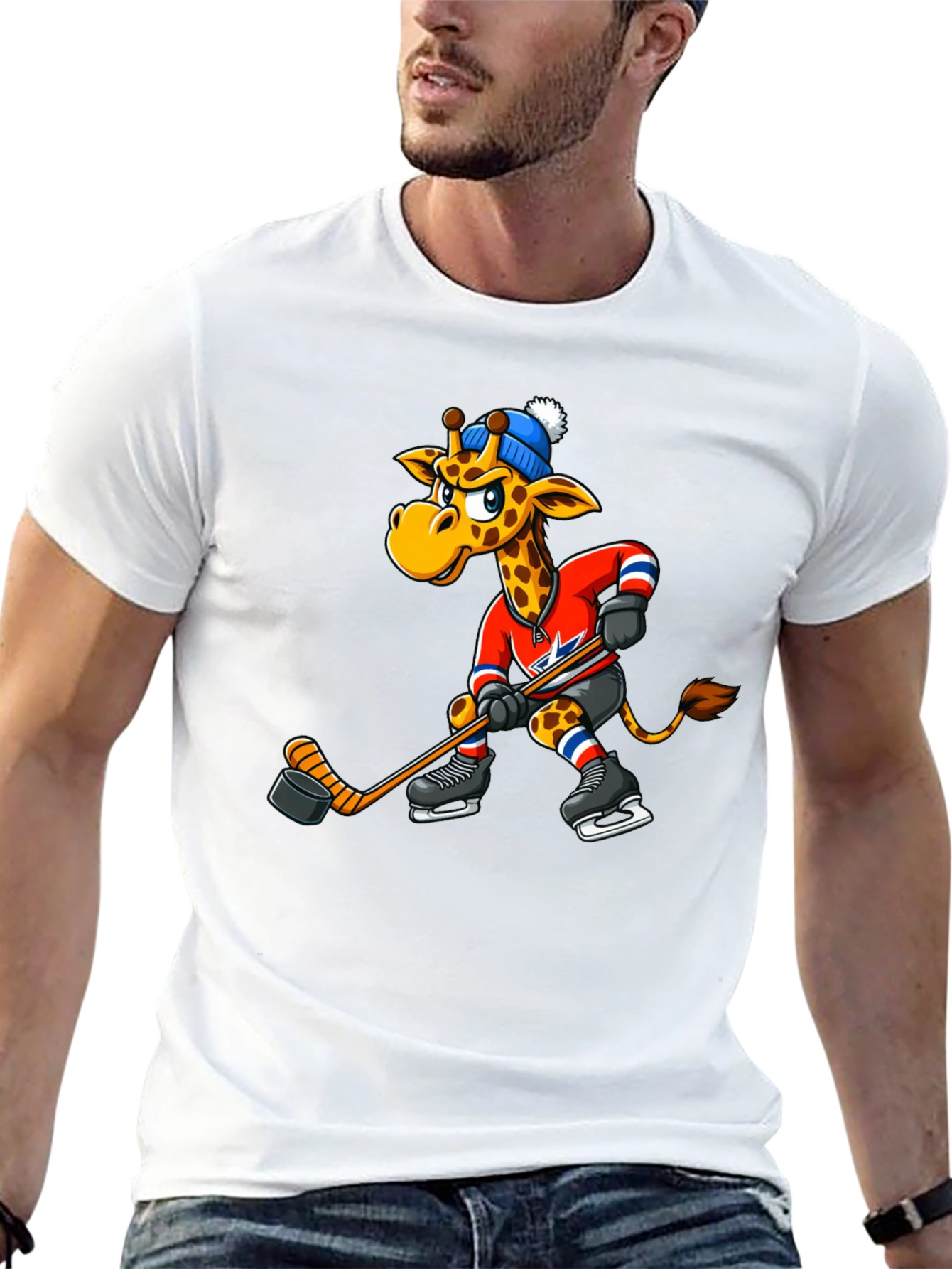 Hockey Giraffe Graphic Tee - Black Cotton T-Shirt