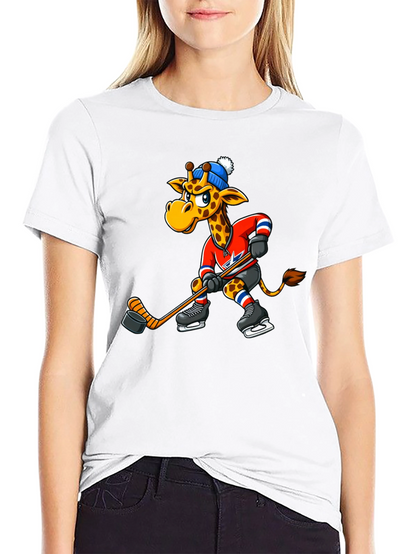 Hockey Giraffe Graphic Tee - Black Cotton T-Shirt