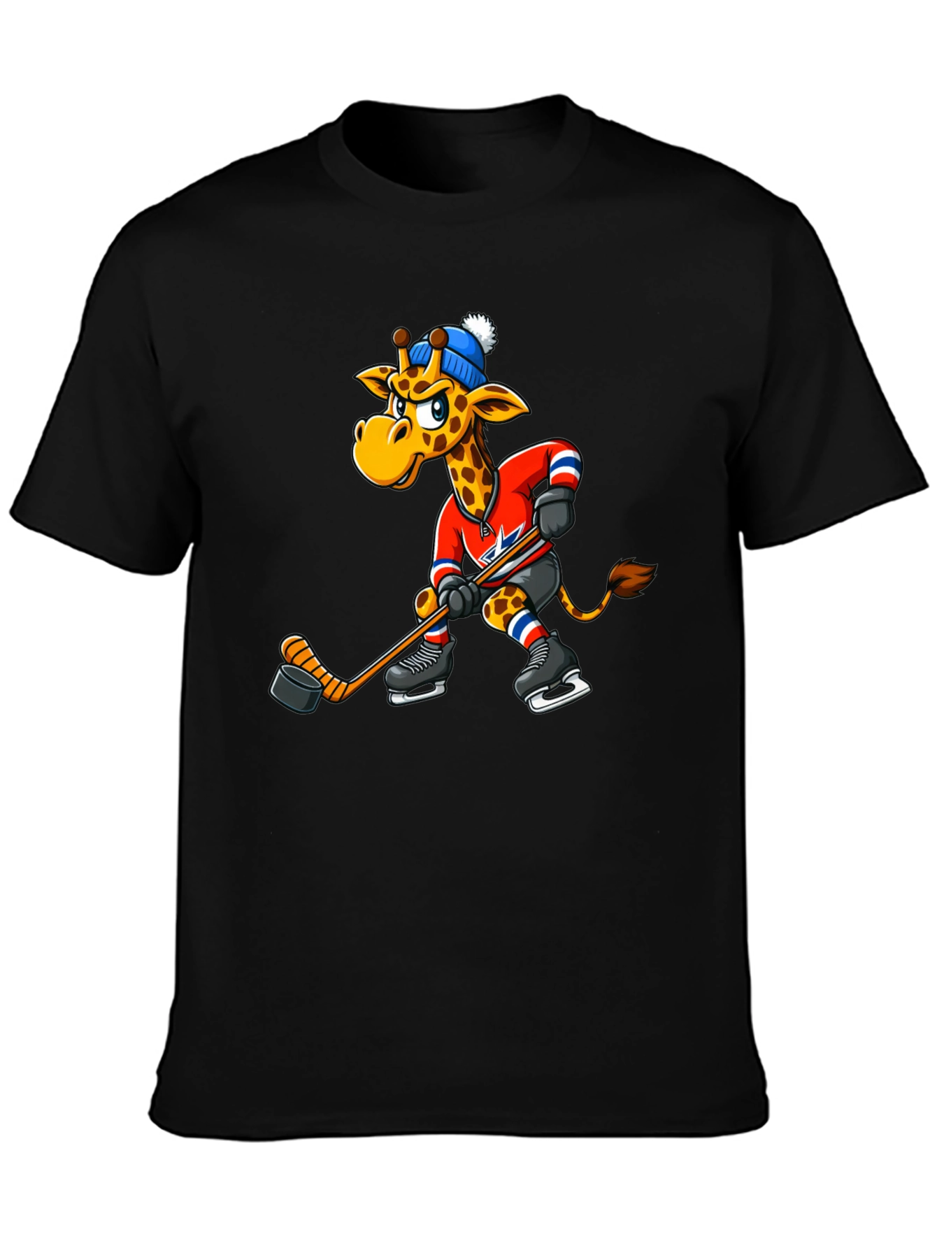 Hockey Giraffe Graphic Tee - Black Cotton T-Shirt