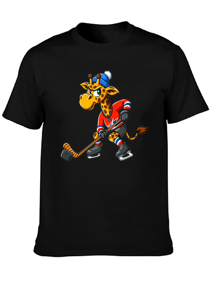 Hockey Giraffe Graphic Tee - Black Cotton T-Shirt