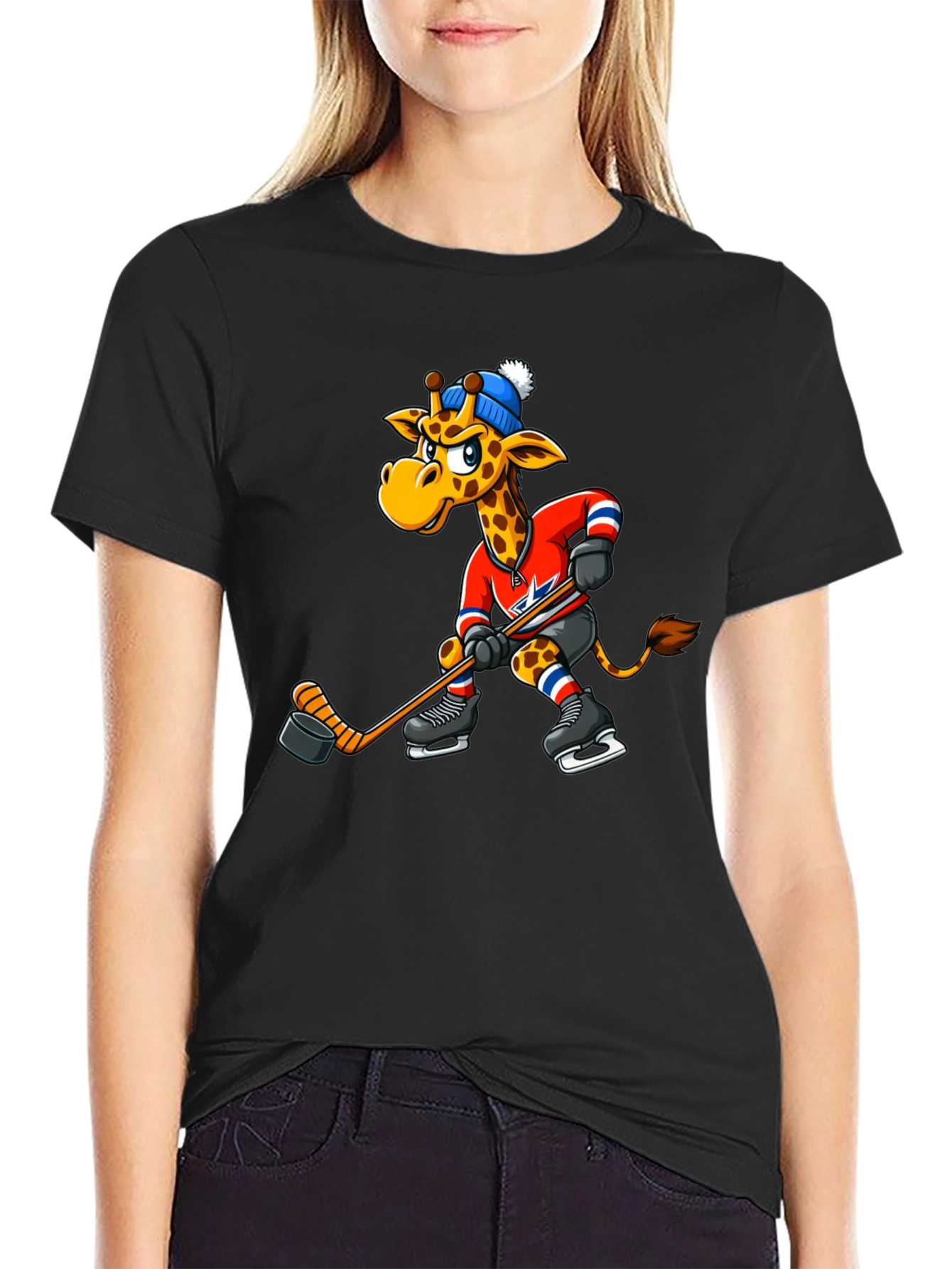 Hockey Giraffe Graphic Tee - Black Cotton T-Shirt