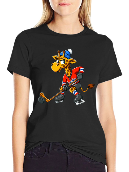 Hockey Giraffe Graphic Tee - Black Cotton T-Shirt