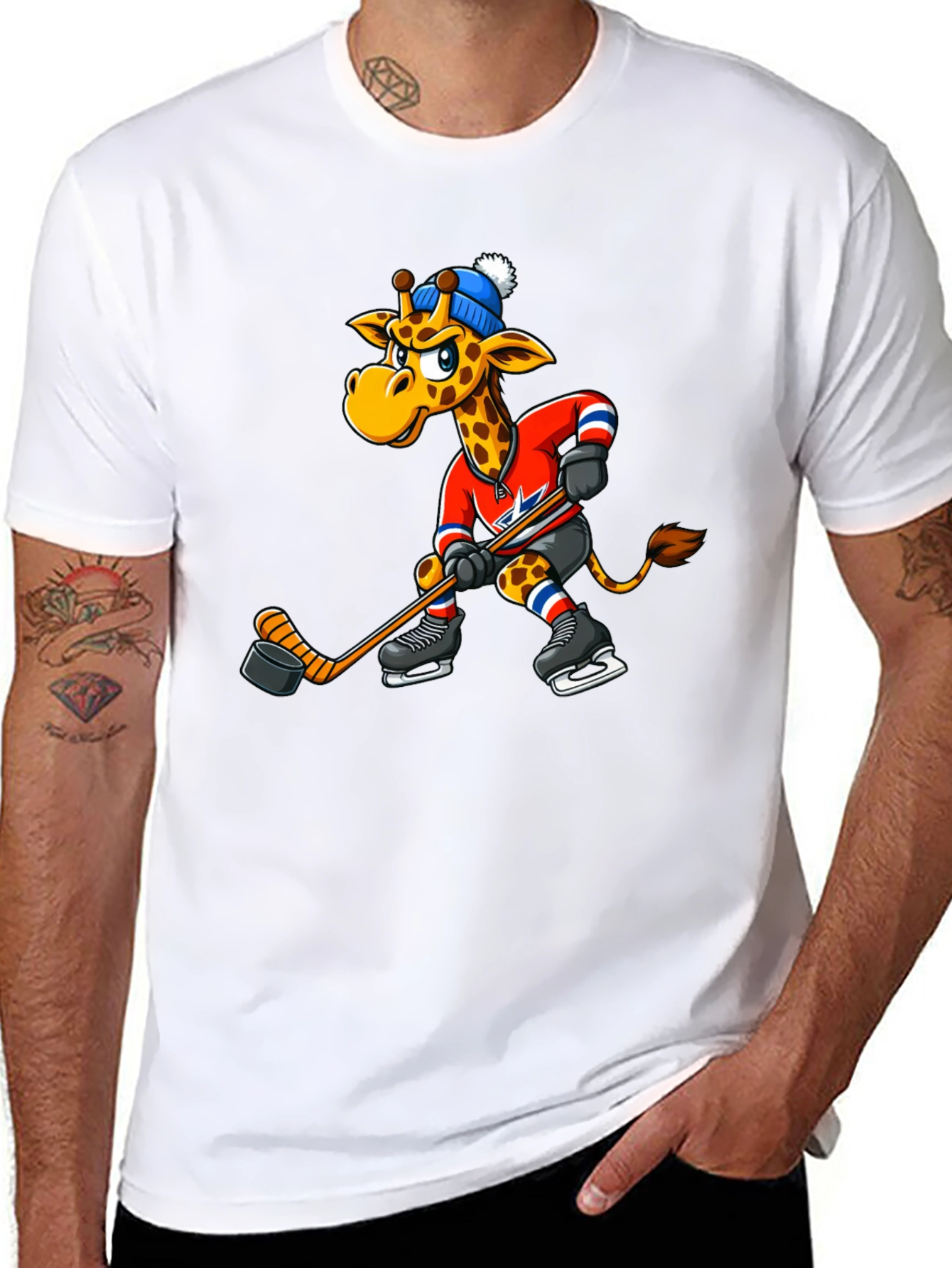 Hockey Giraffe Graphic Tee - Black Cotton T-Shirt