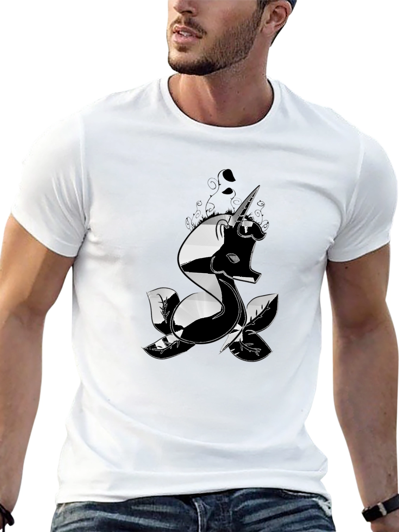 Mens Black T-Shirt with Unicorn Design