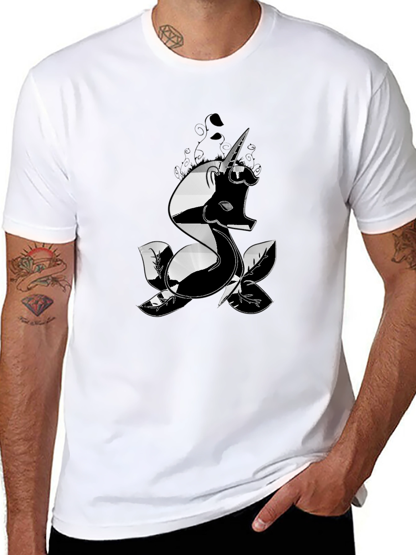 Mens Black T-Shirt with Unicorn Design