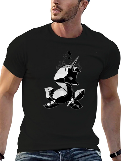 Mens Black T-Shirt with Unicorn Design