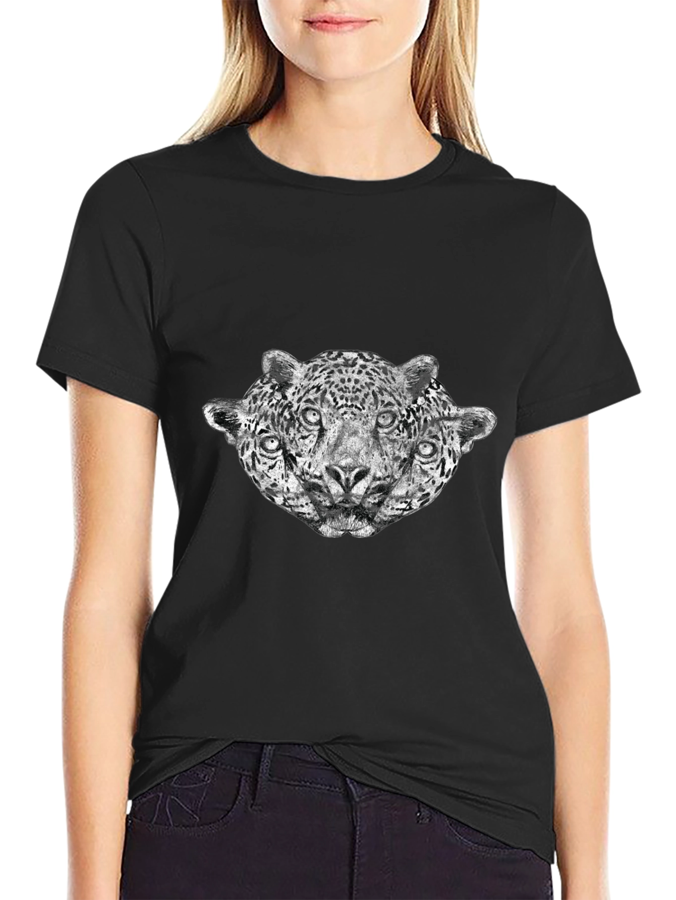 Three-Headed Leopard Graphic T-Shirt - Black