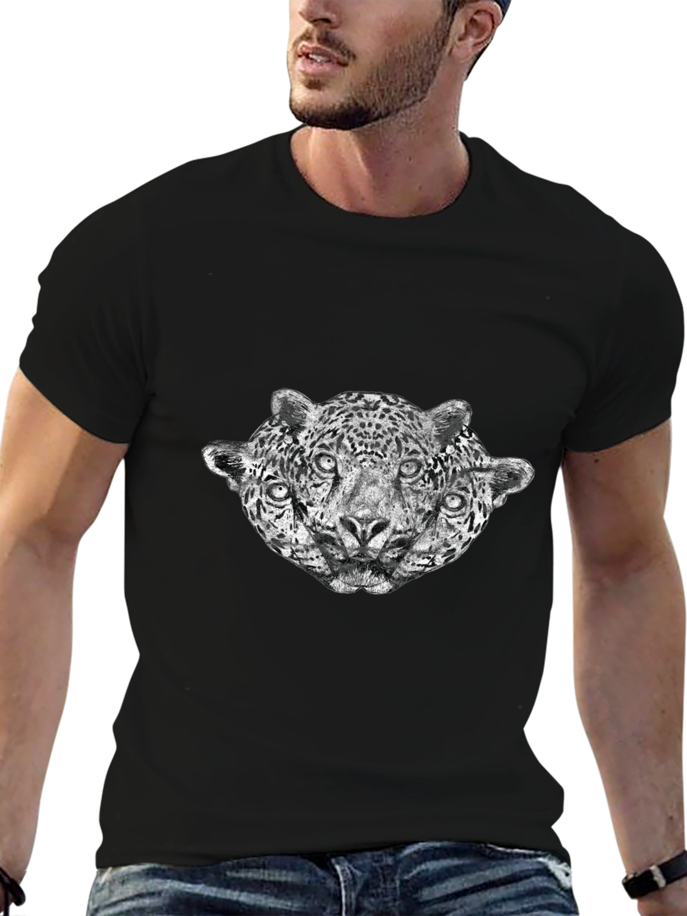 Three-Headed Leopard Graphic T-Shirt - Black