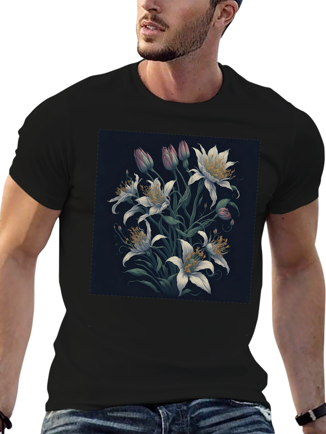 Floral Lily Graphic Black T-Shirt