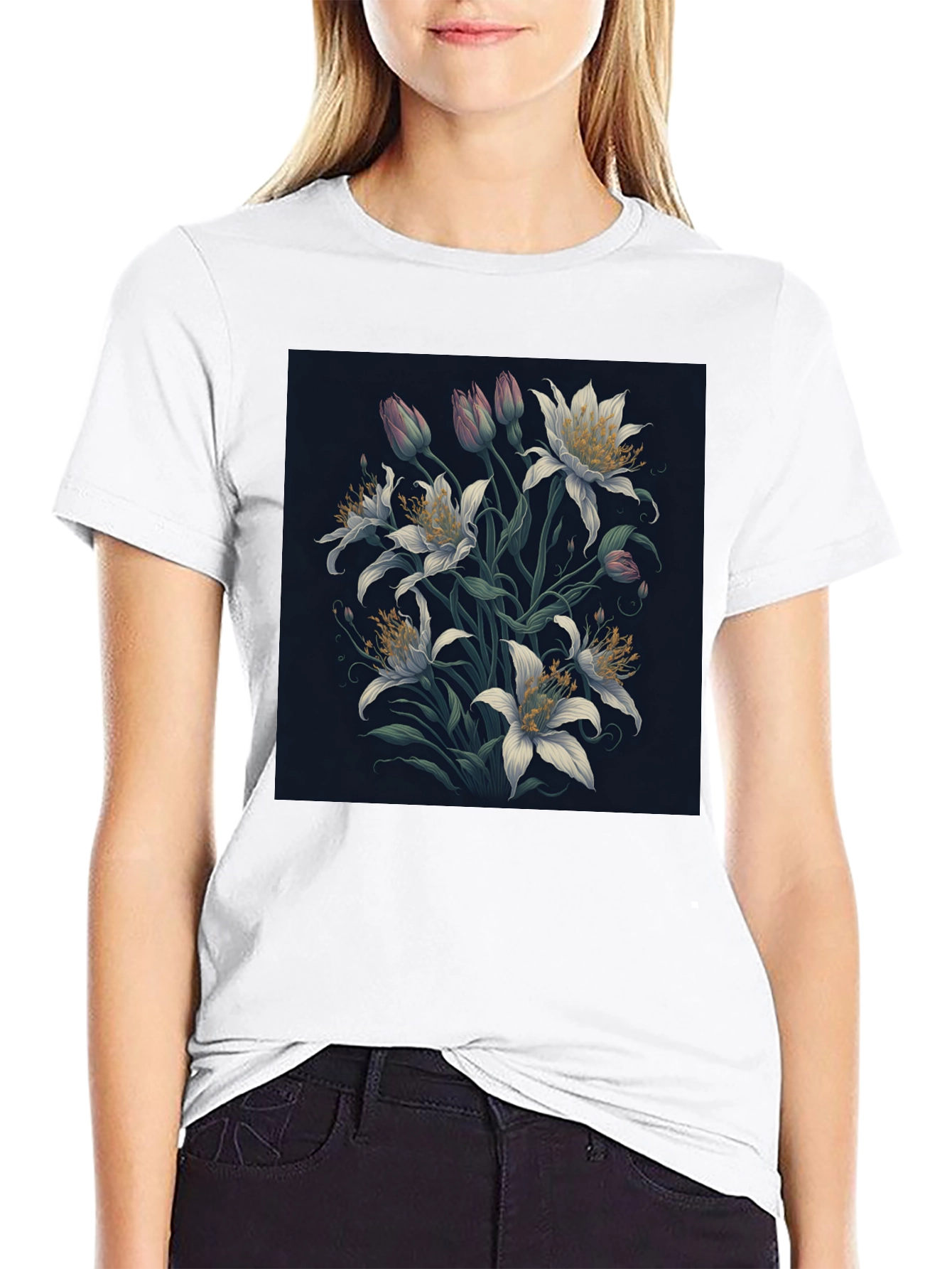 Floral Lily Graphic Black T-Shirt