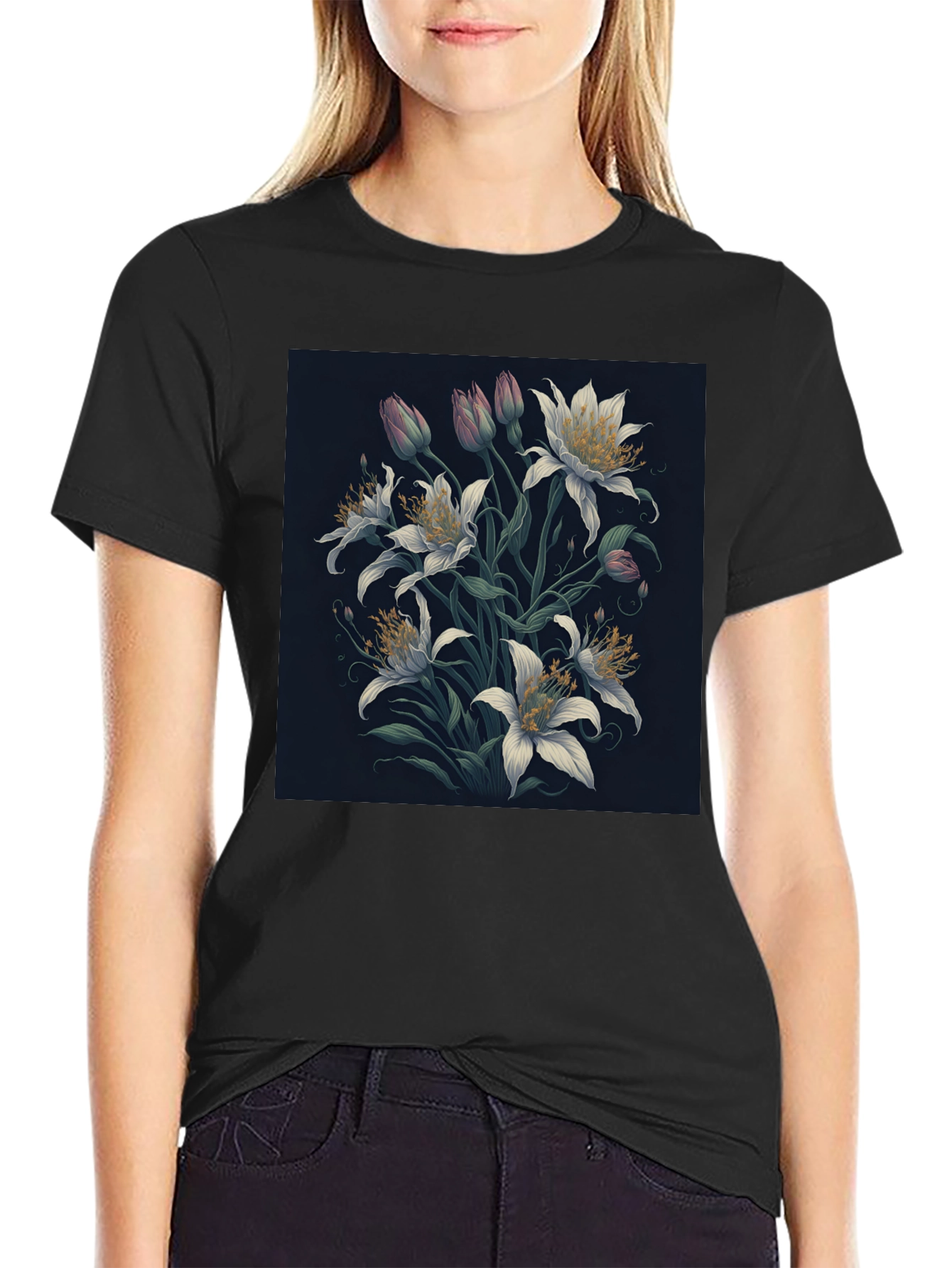 Floral Lily Graphic Black T-Shirt