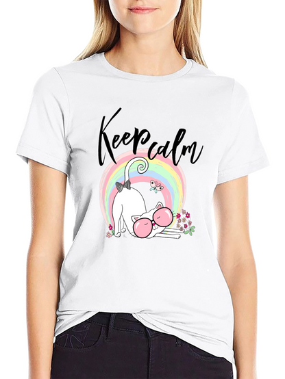 Keep Calm Cat T-Shirt - Cute Rainbow Design