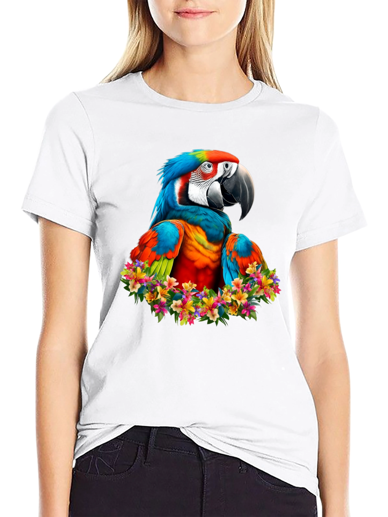 Macaw Parrot Floral Wreath Graphic T-Shirt