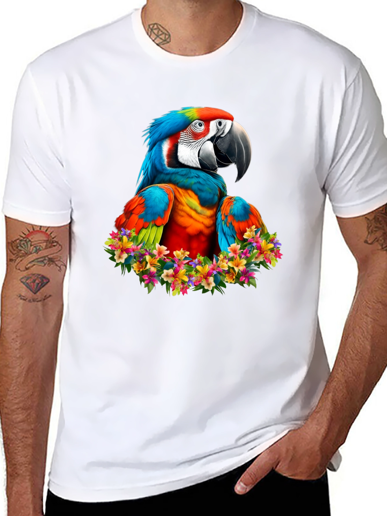 Macaw Parrot Floral Wreath Graphic T-Shirt