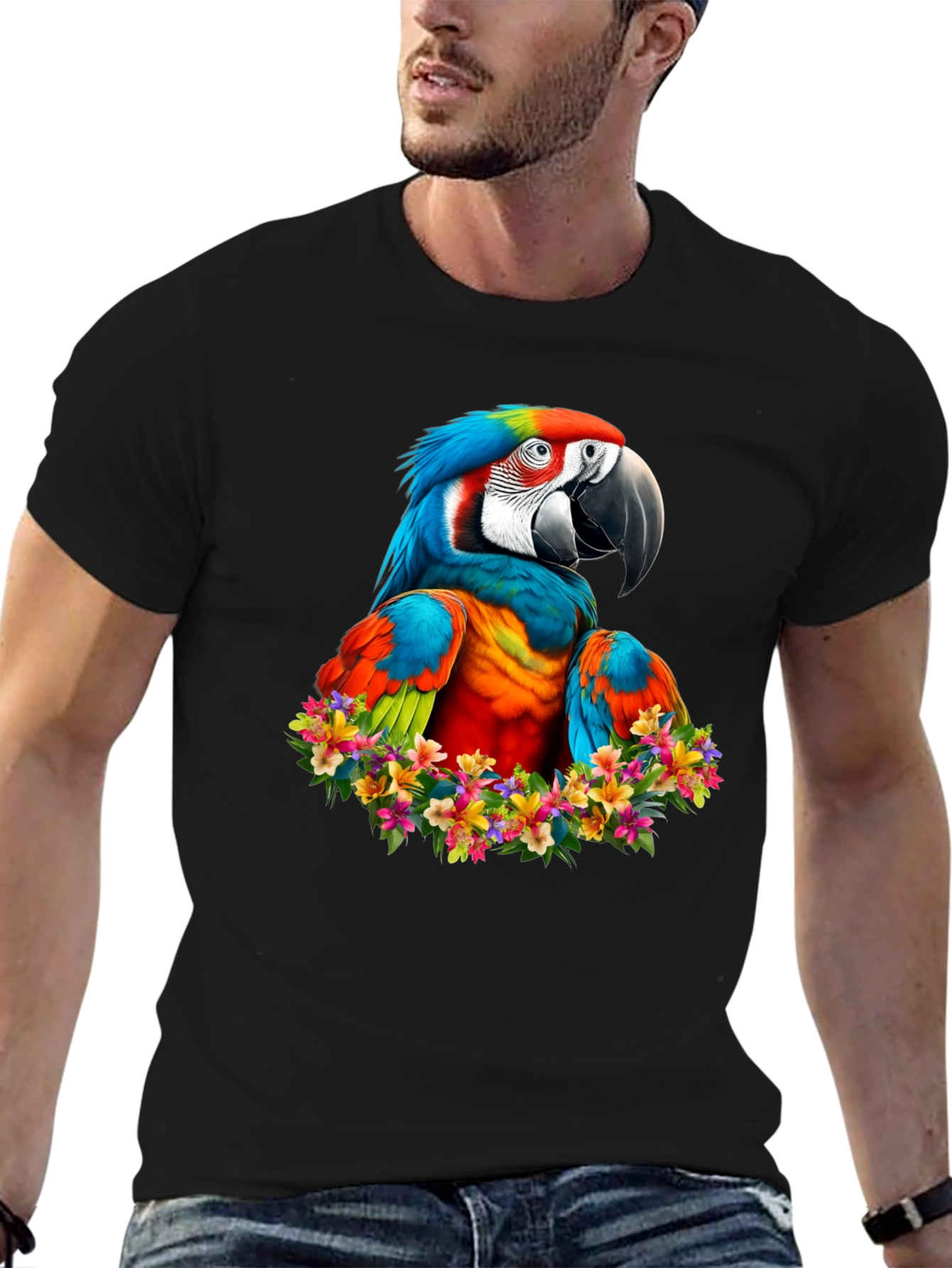 Macaw Parrot Floral Wreath Graphic T-Shirt