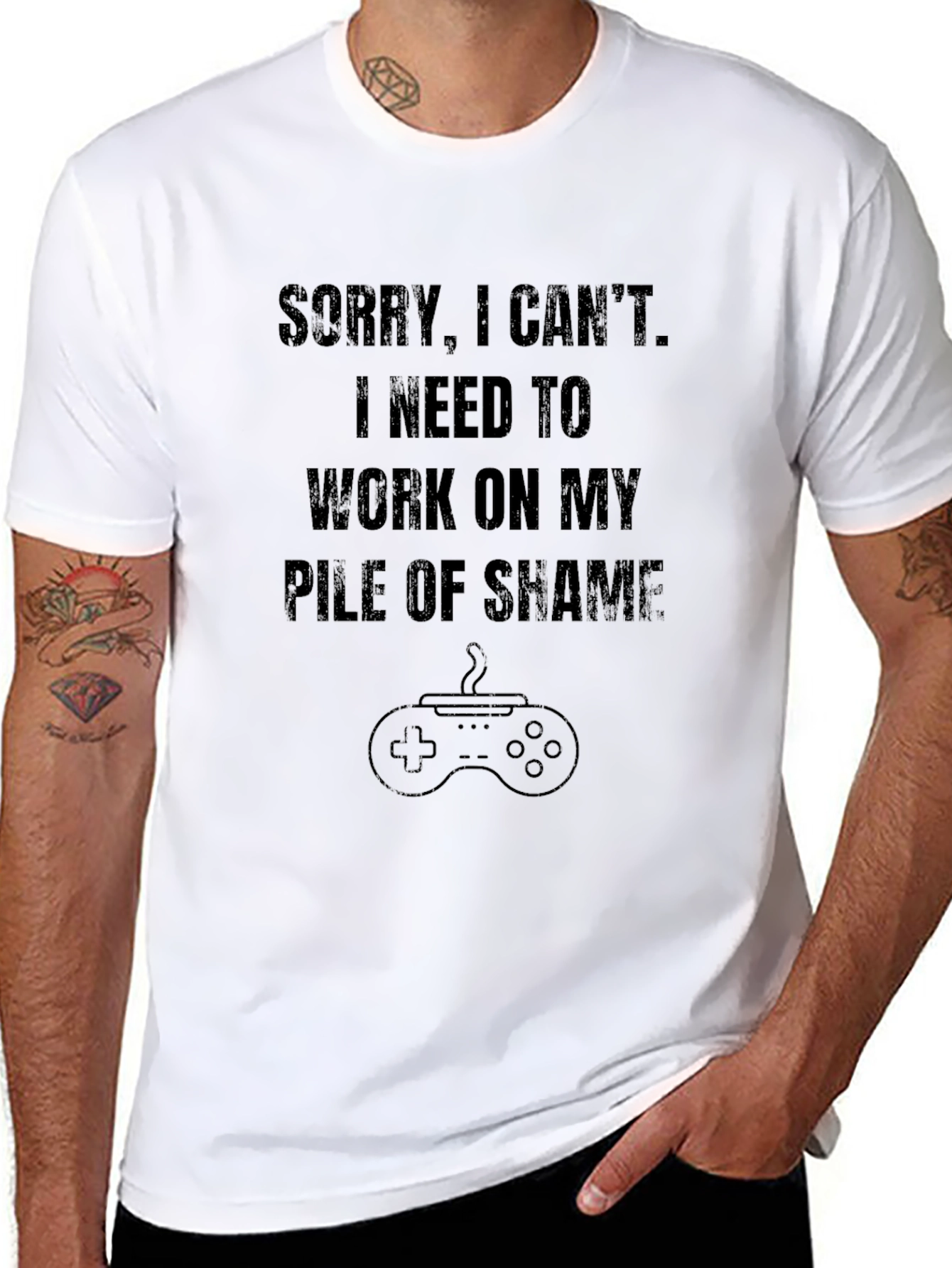 Funny Gamer Pile of Shame Black Graphic Tee