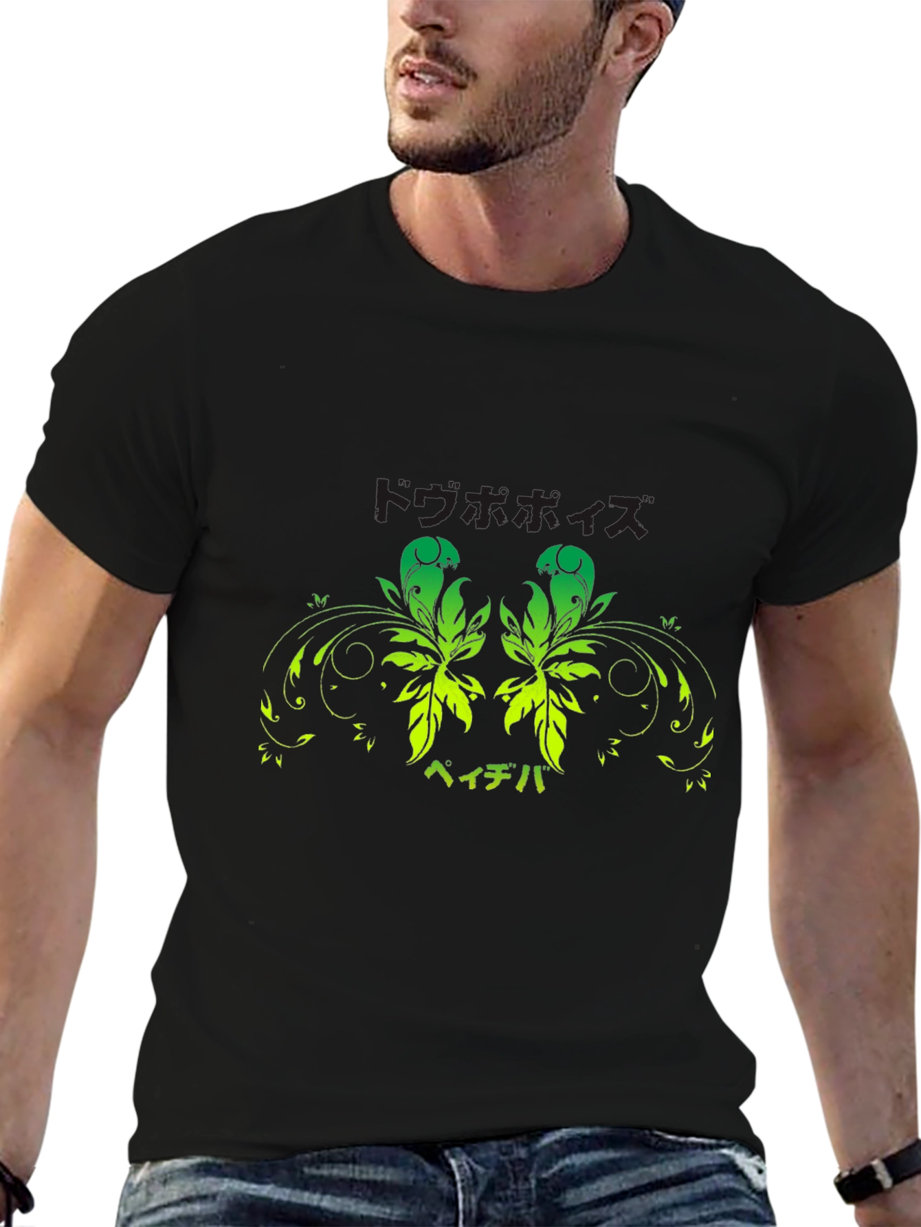 Black T-Shirt with Green Floral Japanese Print