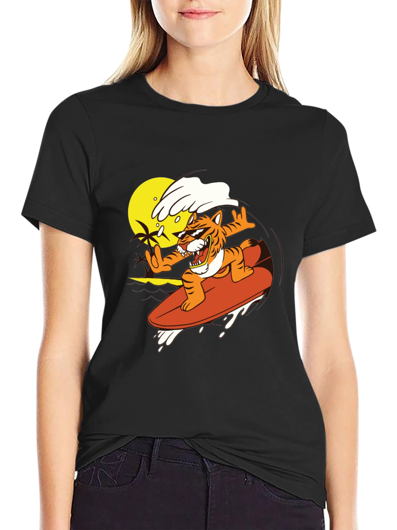 Surfing Tiger Graphic Tee - Black T-Shirt