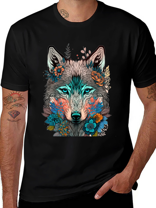 Floral Wolf Graphic Tee - Stylish Mens Black T-Shirt