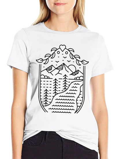 Nature Line Art Graphic Tee - Black