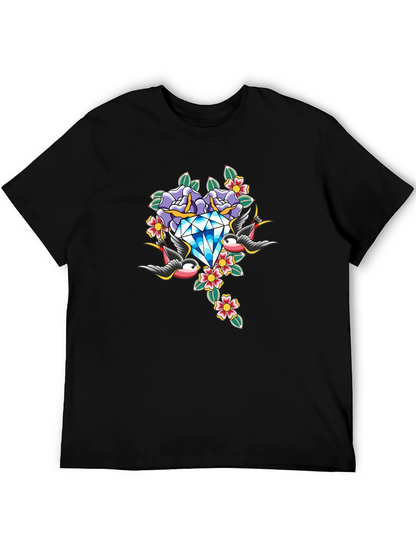 Diamond Roses and Swallows Graphic Black T-Shirt