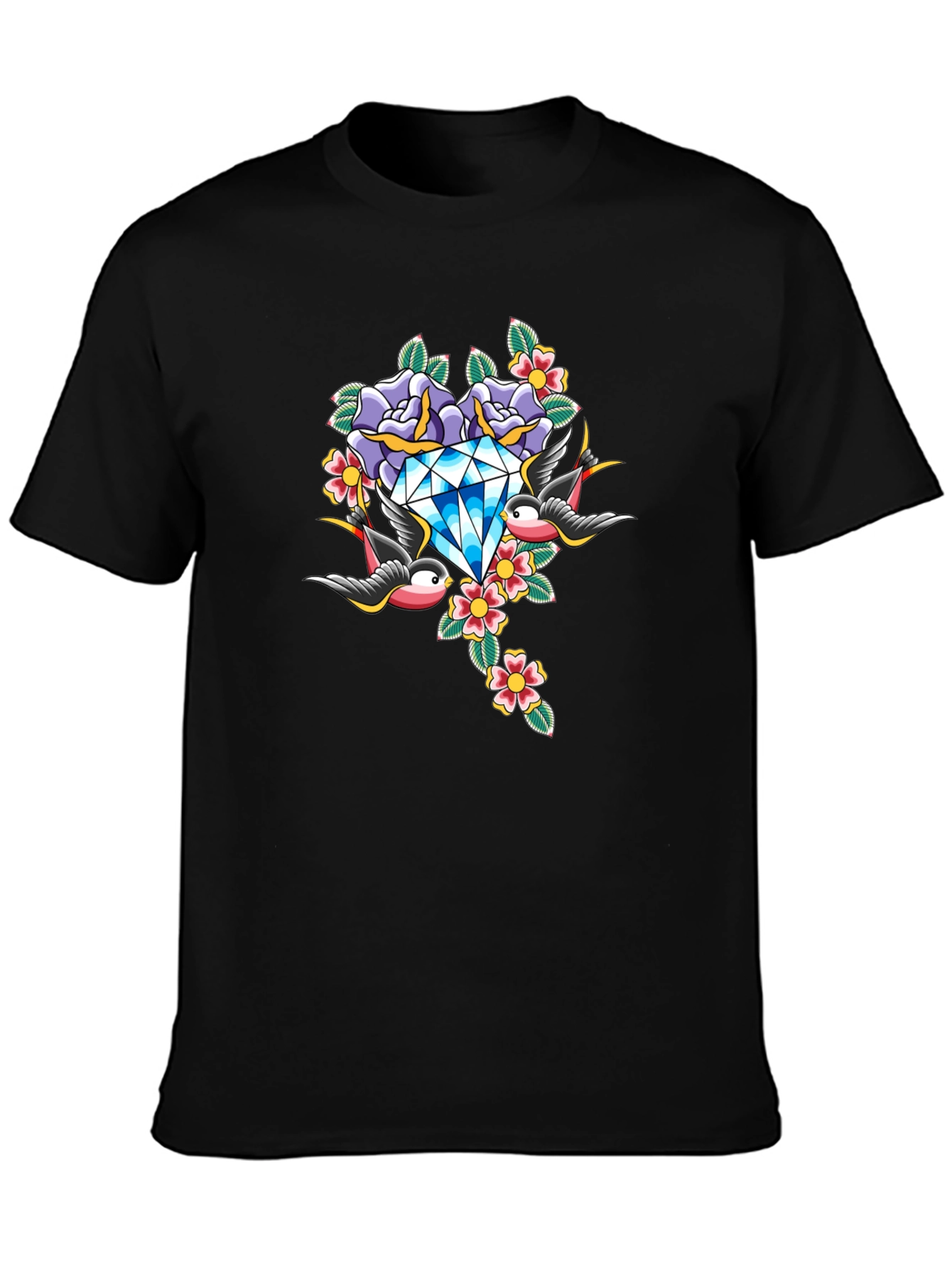 Diamond Roses and Swallows Graphic Black T-Shirt