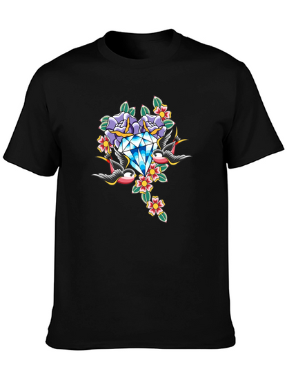 Diamond Roses and Swallows Graphic Black T-Shirt