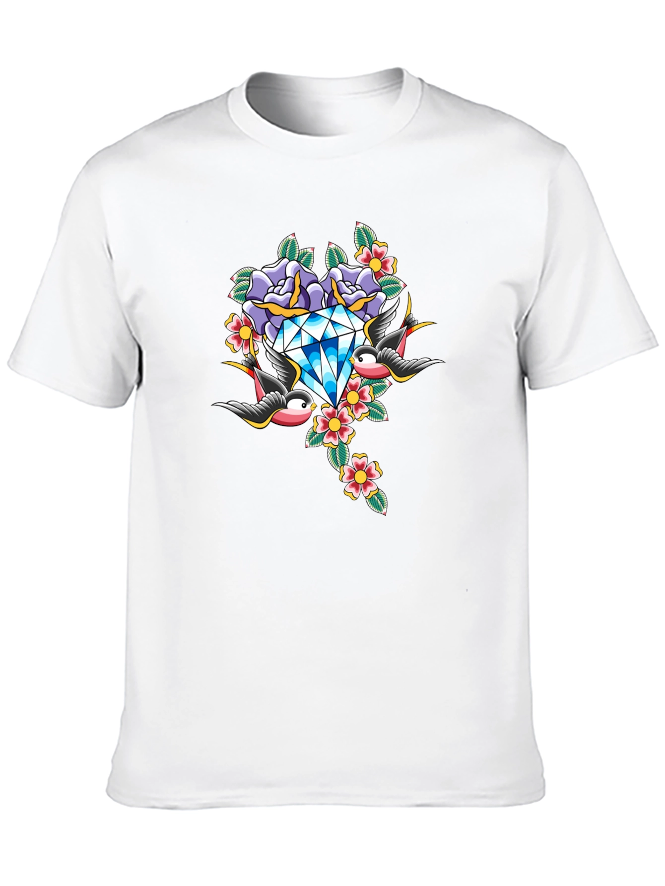 Diamond Roses and Swallows Graphic Black T-Shirt