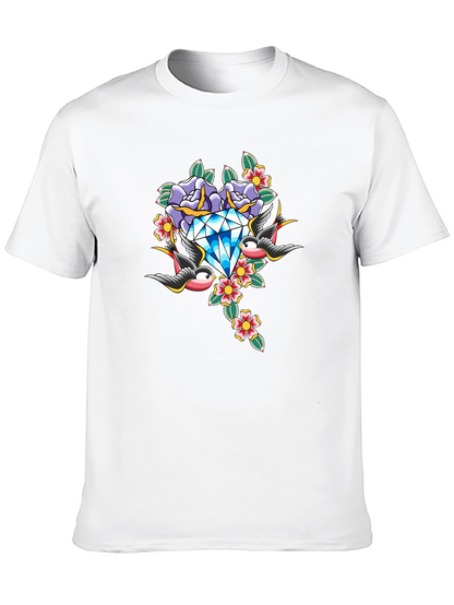 Diamond Roses and Swallows Graphic Black T-Shirt
